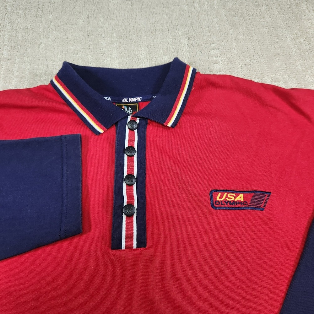 Vintage USA Olympics Rugby Shirt Men XL Heavy Cotton Snap Button Red 90s Y2K